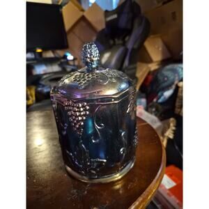 Vintage Indiana Blue Iridecent Carinval Glass Candy Jar With Lid Harvest Grape